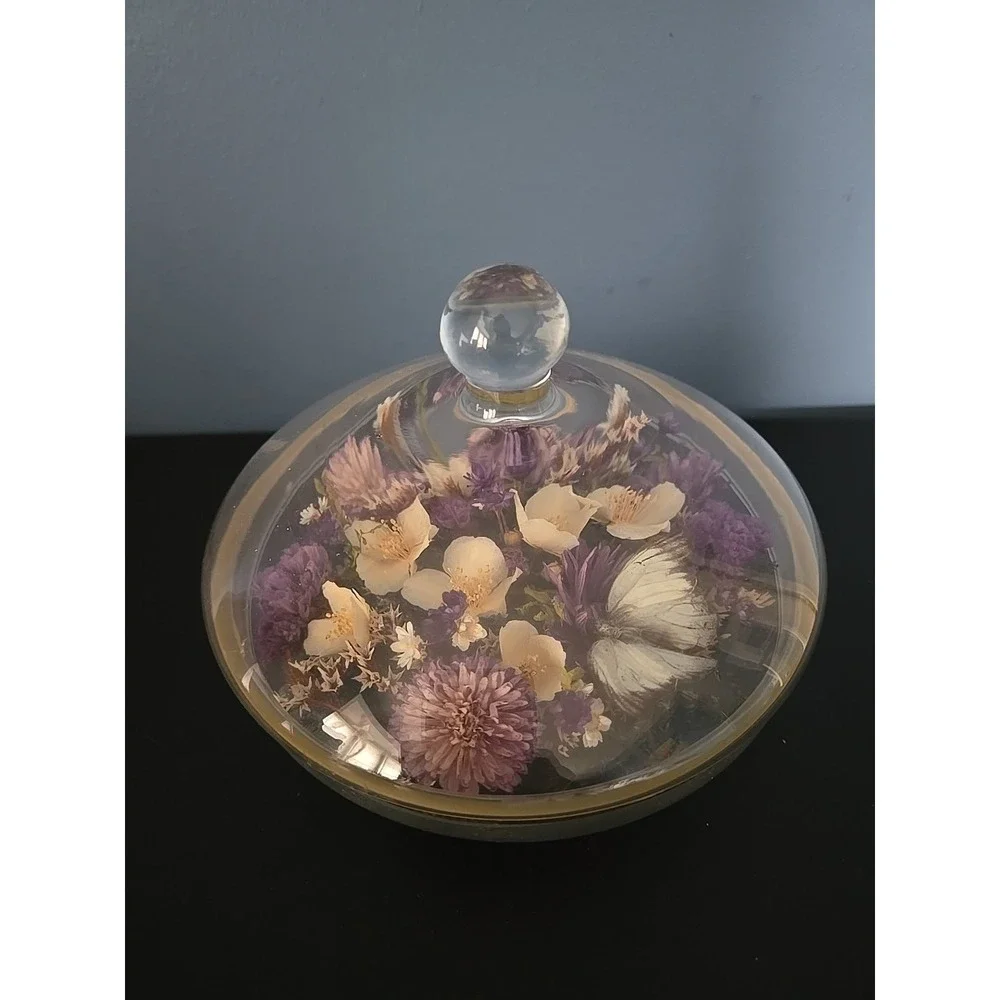 Vintge Apothecary Round Dome Dish Display w Lid Terrarium‎ Floral Dried Flowers
